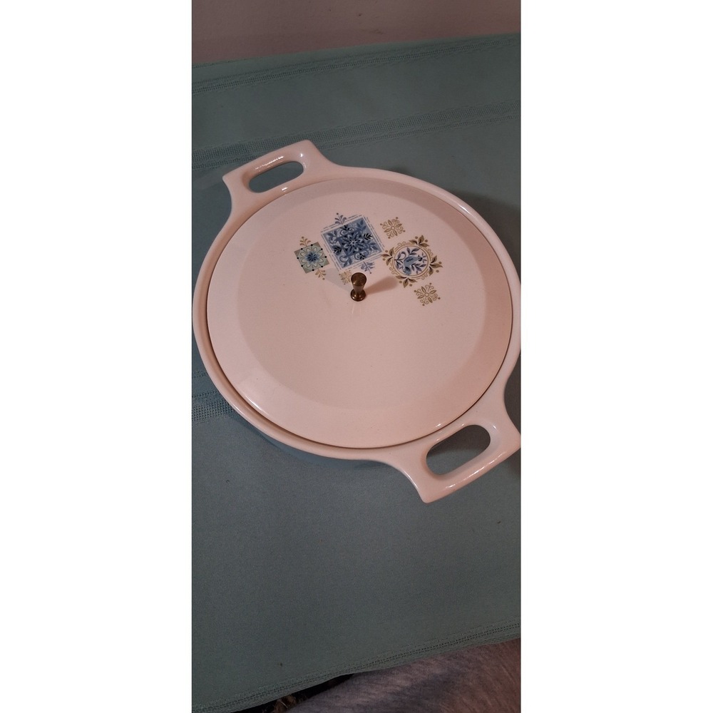 Vintage Taylor Smith Light Blue Ceramic  Casserole Dish with Bird Tile Lid 1960s